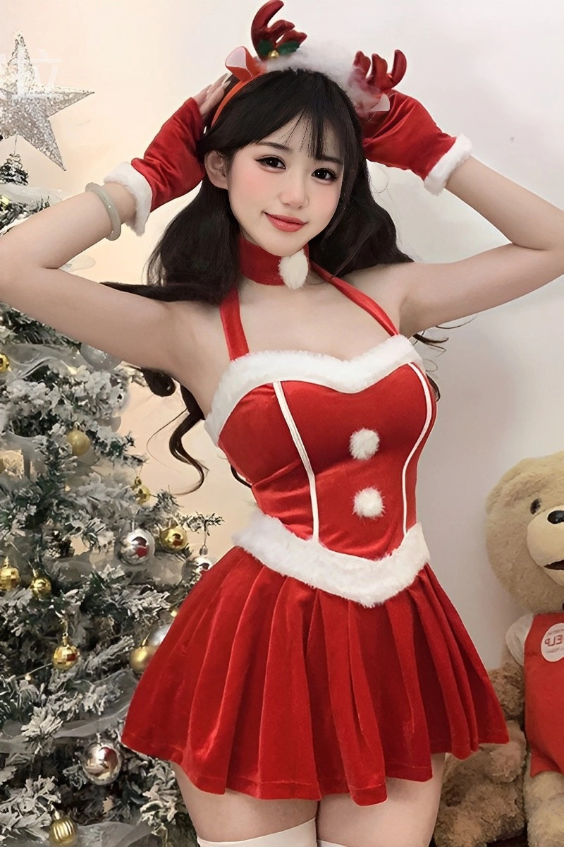 Alt Text:Charming christmas bodysuit lingerie in red with flared skirt and white fur accents