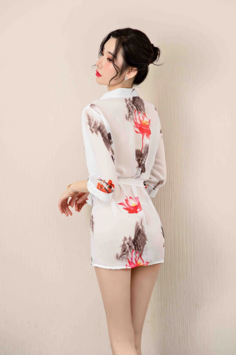 Alt Text:Short kimono nightwear dress in white with red floral design for women
