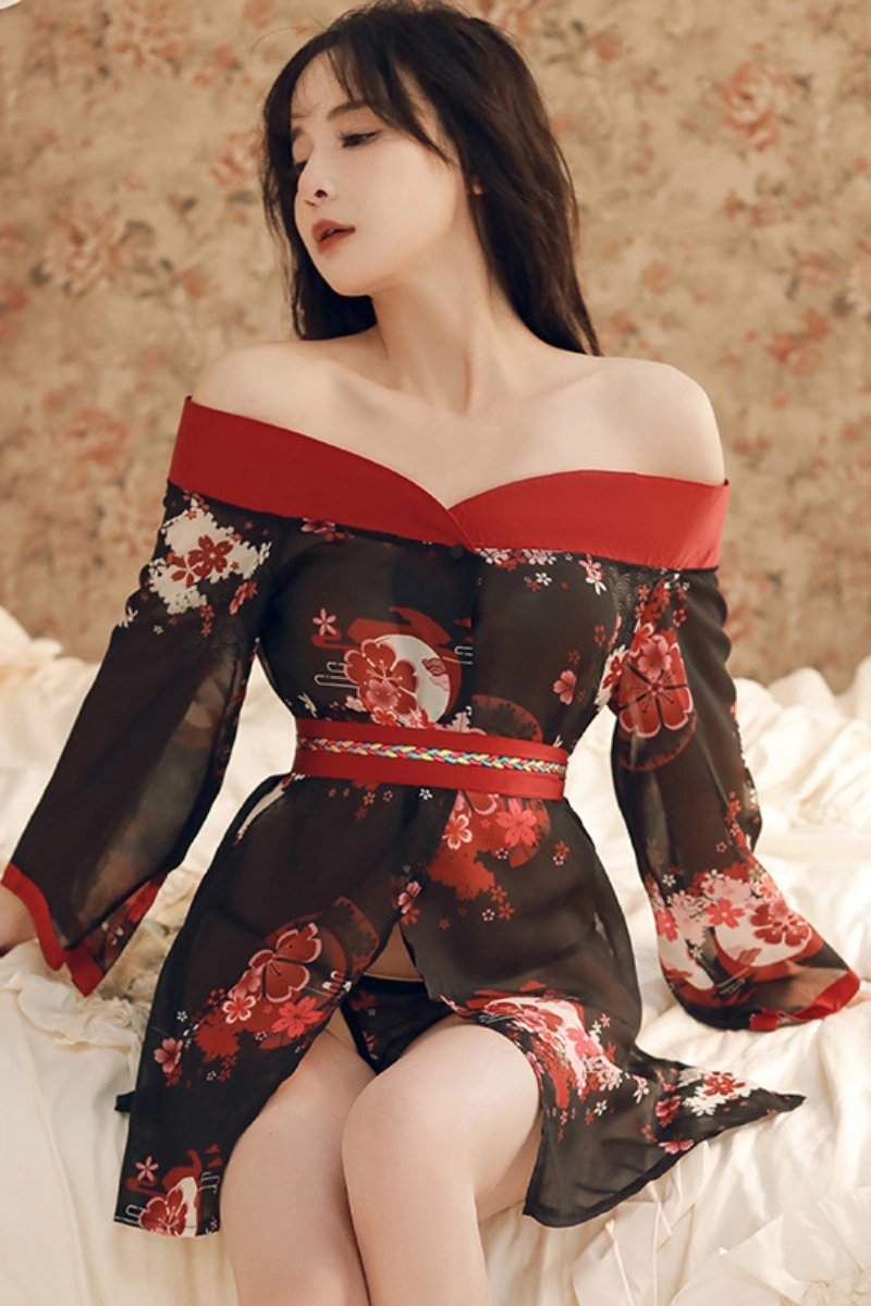 Alt Text: Elegant off-shoulder wholesale kimono sleeve lingerie in black and red floral print