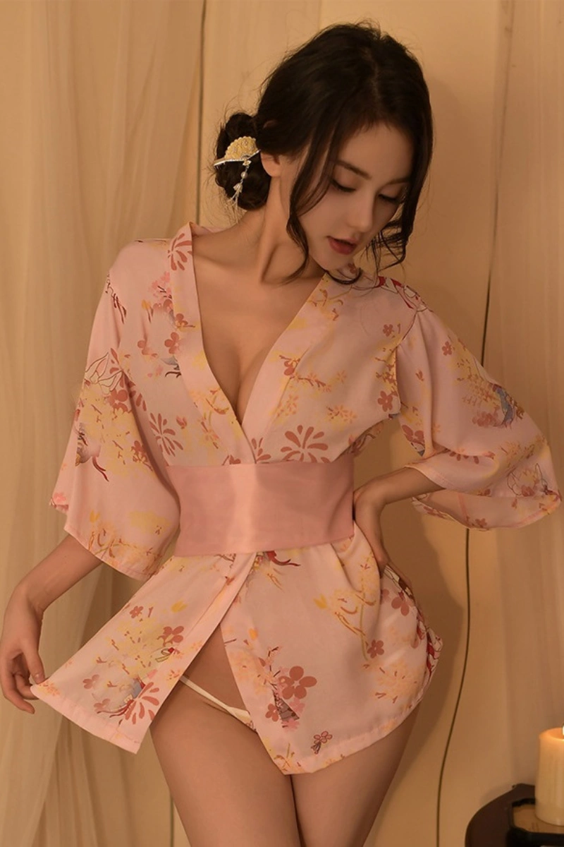 Model wearing pink floral sexy kimono lingerie with satin waist belt