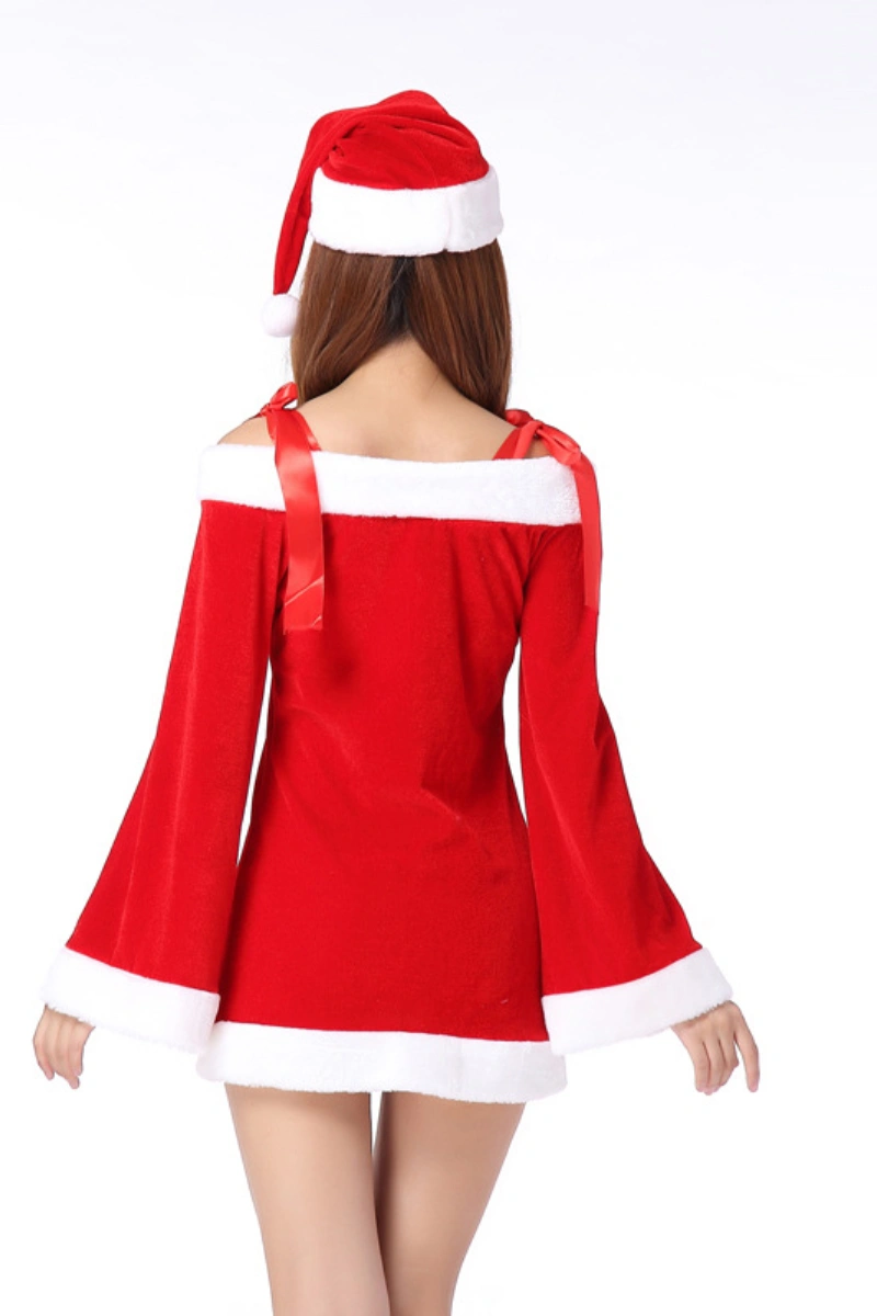 Model in elegant red Christmas lingerie set with off-shoulder design and Santa hat