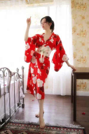 Alt text：Model wearing elegant red floral kimono inspired lingerie with wide sleeves and sash