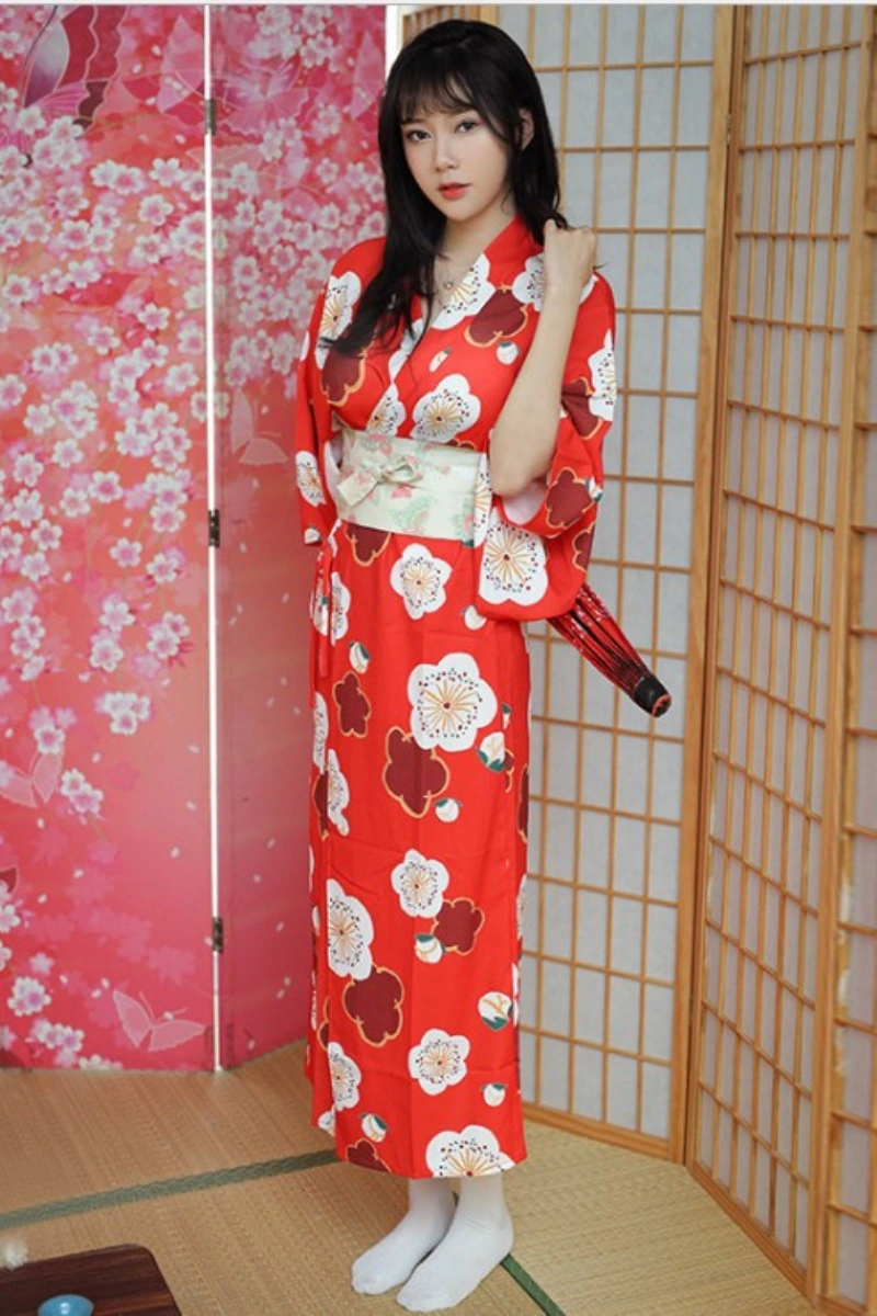 Alt text:Elegant red floral wholesale kimono loungewear for women with traditional design and soft fabric