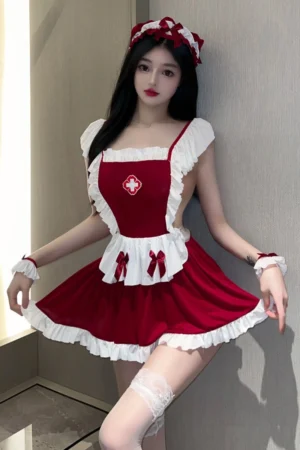 Sexy red nurse costume featuring white lace trim, bow embellishments, and sleeveless straps.
