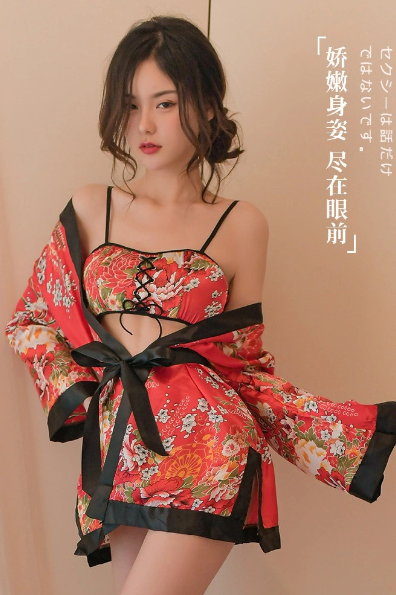 Alt Text: Model wearing red oriental kimono lingerie with black ribbon belt