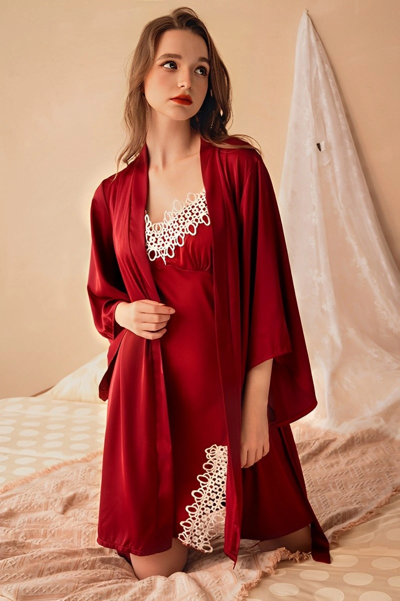 Red satin Sexy Nightgown wholesale with delicate white lace detail