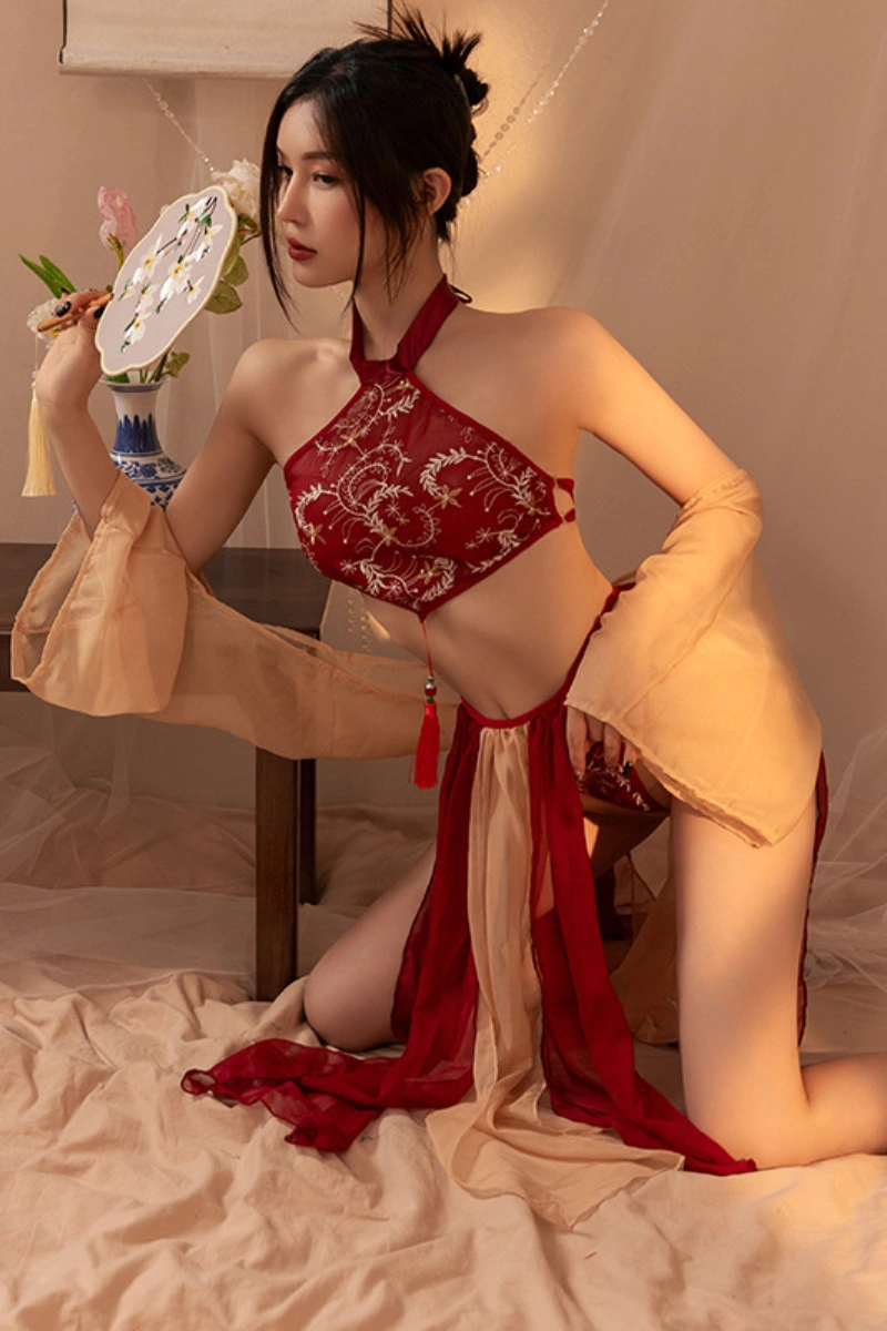 Alt Text: Side view of sexy retro costume dress with embroidered red bodice and gold sheer skirt