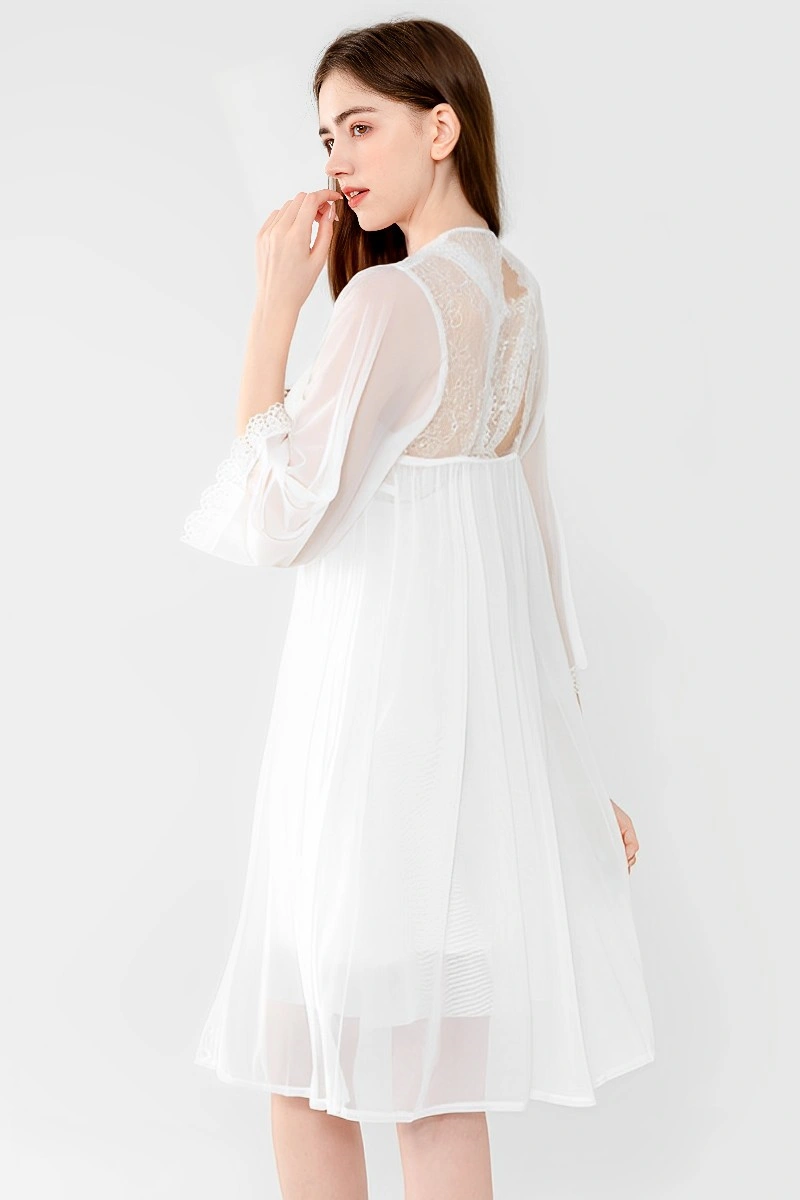 Alt Text:Elegant white lace Sexy Satin Nightgown featuring a sheer back and delicate sleeve details