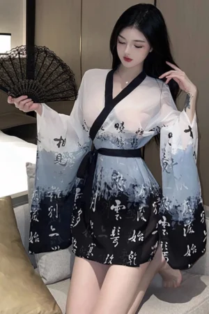 Alt text：Model wearing elegant kimono style sleepwear in gradient black and white chiffon