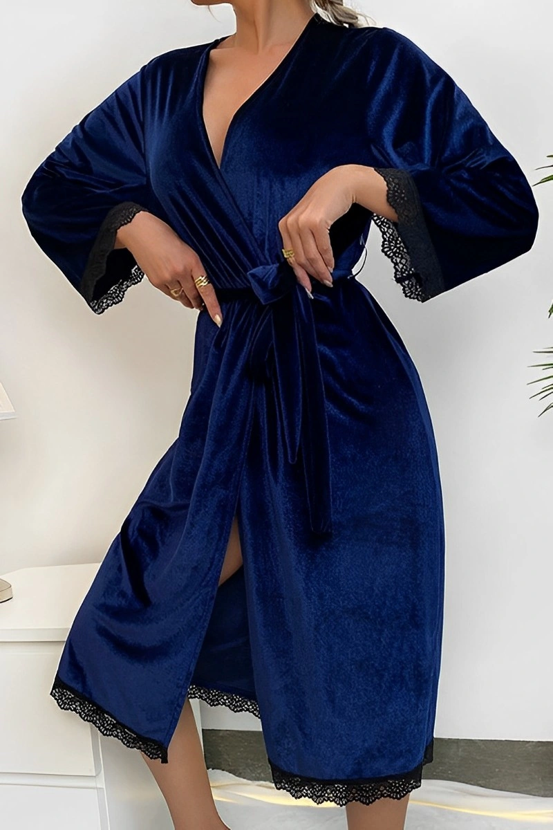 Model wearing royal blue private label Sexy Lace Nightgown with black lace trim