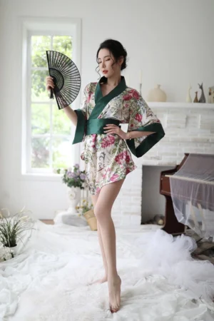 Alt text： Model wearing elegant sexy geisha lingerie in floral kimono style