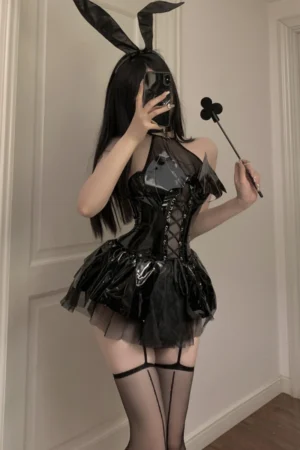 Sexy wholesale Black PU lingerie set with PU corset, lace-up details, bunny ears, and mesh accents, perfect for wholesale supply.