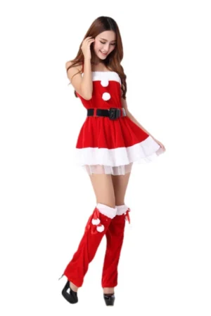 Santa dress lingerie with sheer hemline and matching red thigh-high covers with bows