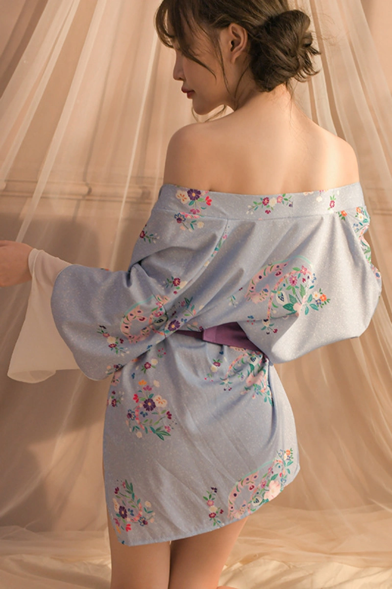 Alt Text:Back view of floral blue lace kimono lingerie with purple bow