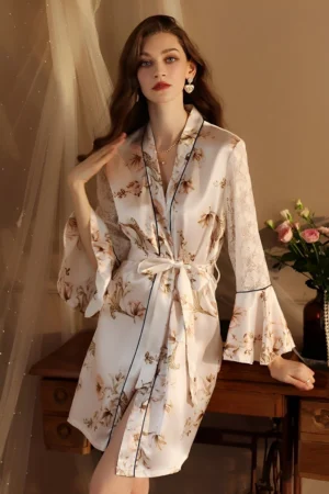 alt text: Elegant floral custom Sheer Sexy Nightgown with lace trim