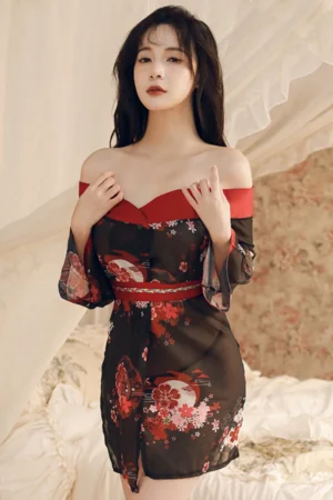 Alt Text： Front view wholesale kimono sleeve lingerie in sheer black with red floral details