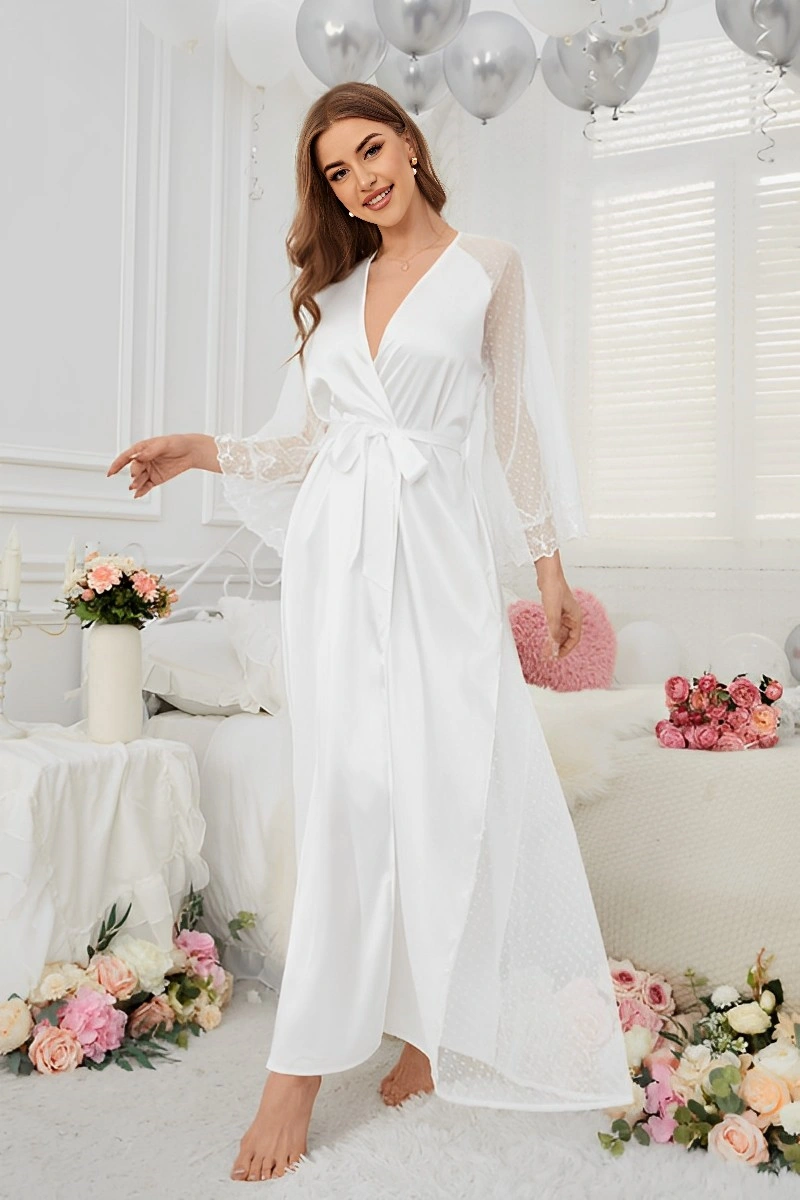 Alt text：Model wearing b2b Short Sexy Nightgown in white with lace sleeves and waist tie