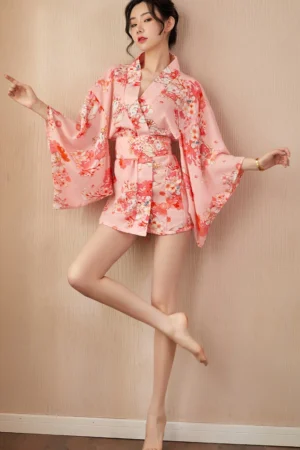 Alt text：Full-body view of pink floral kimono wrap nightdress with floral print