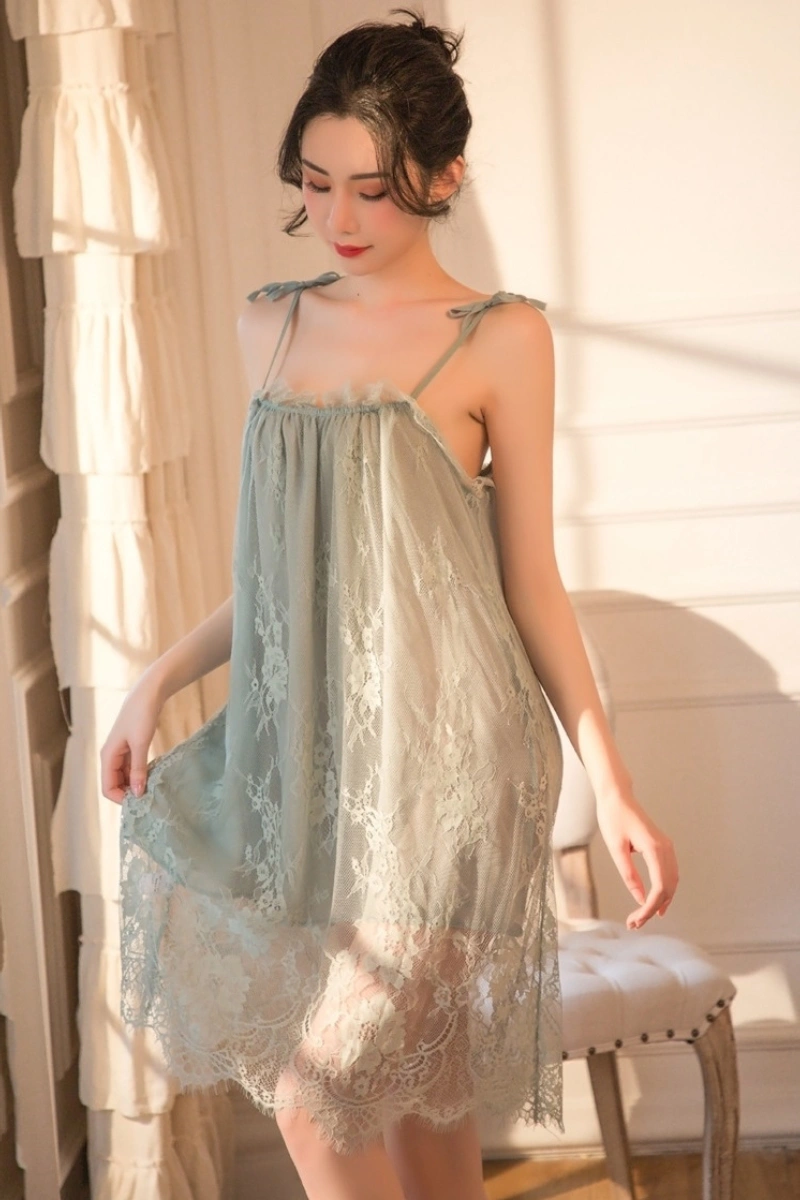 Charming green pajamas with lace, designed with sheer floral lace and loose fit.