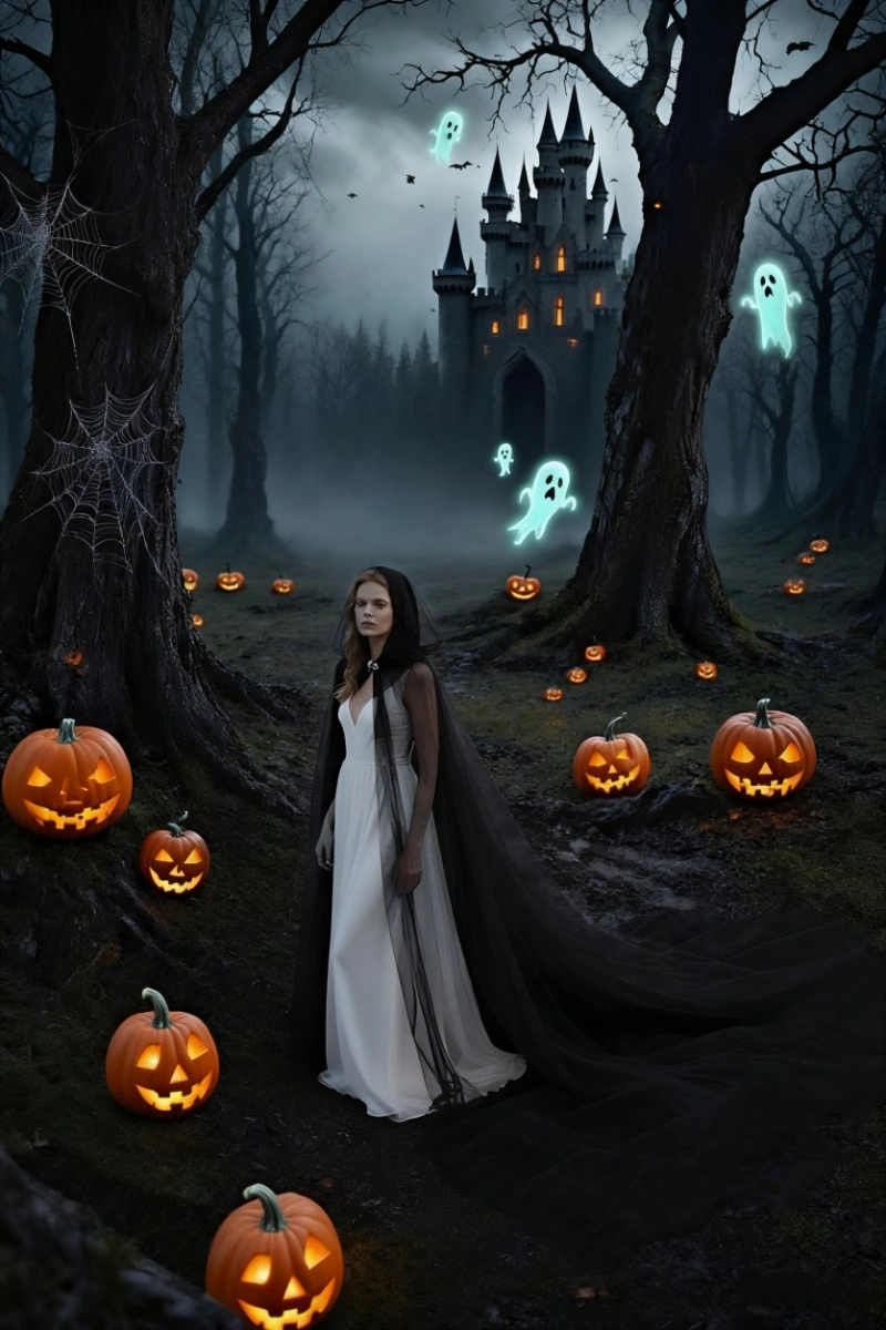 Halloween vampire cloak in black with long train and white gown, surrounded by pumpkins
