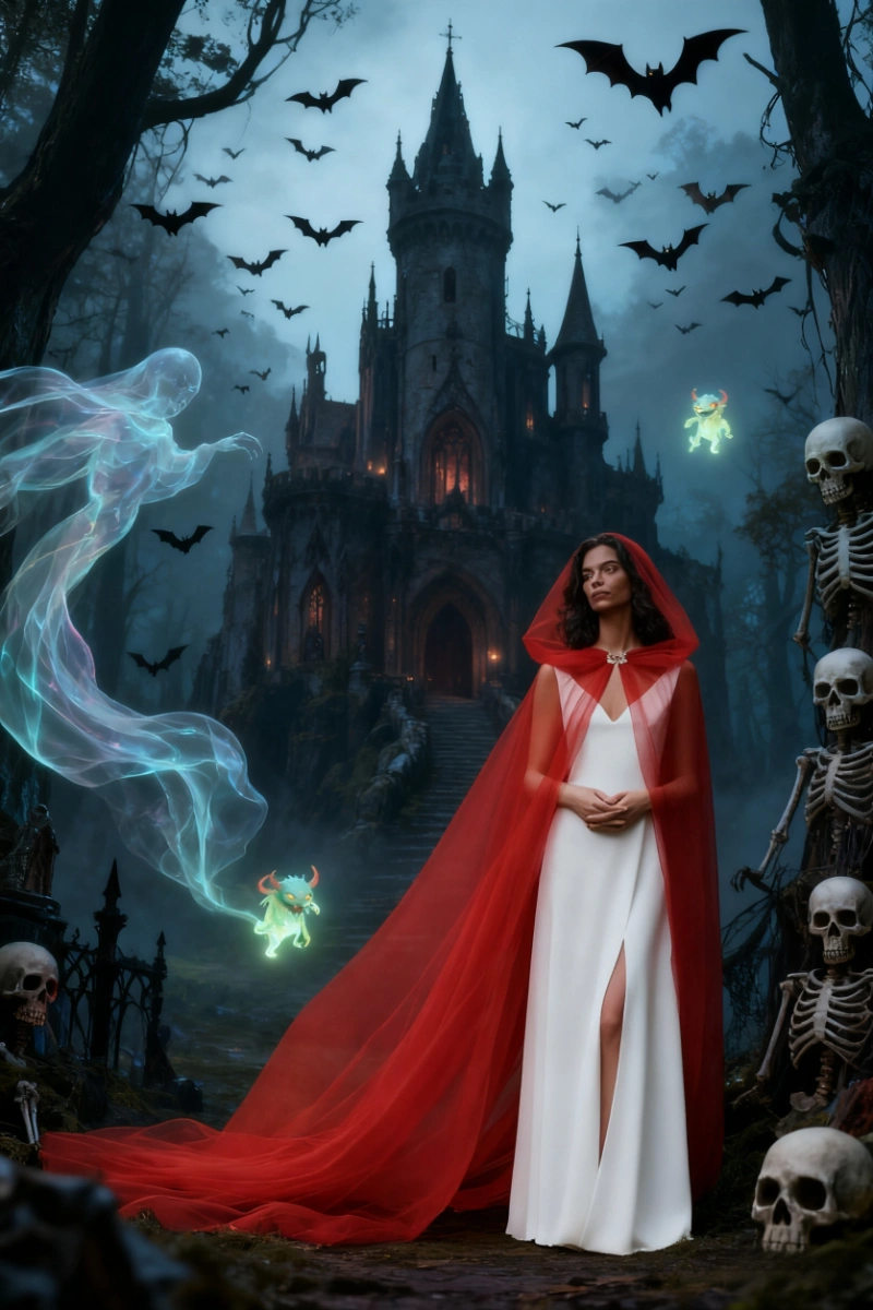 Front view of halloween vampire cloak with red hood and white inner dress in spooky castle scene