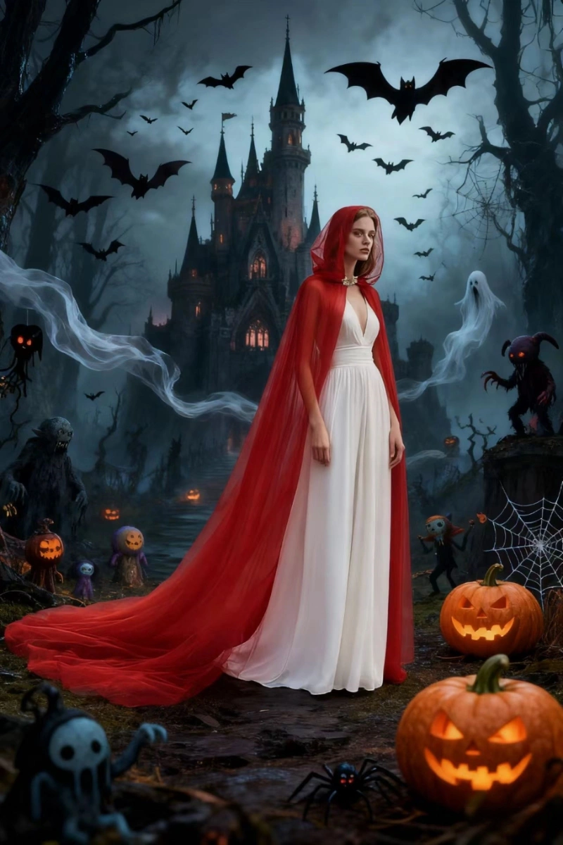 Side view of halloween vampire cloak with red hood and floor-length style
