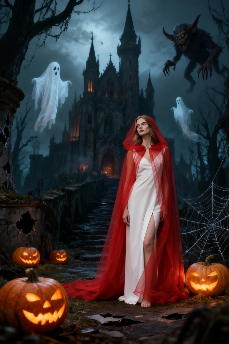 Model wearing a halloween vampire cloak in red with hood and long flowing design