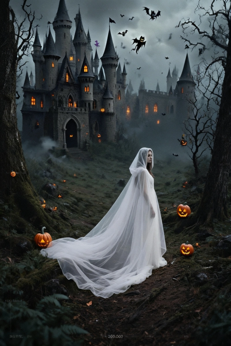 Halloween vampire cloak in white with long flowing train set in castle background