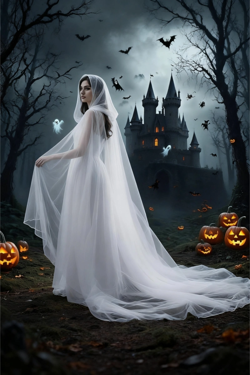 Side profile of halloween vampire cloak in sheer white fabric with castle backdrop and pumpkins