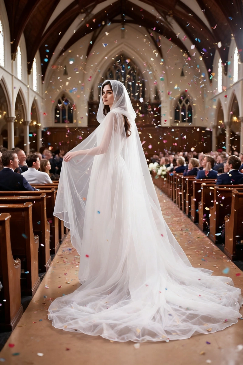 Model in halloween vampire cloak styled as a white sheer bridal cloak with hood in church