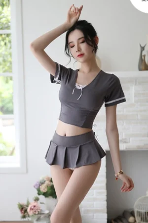 JK anime cosplay lingerie featuring a short-sleeved gray top with lace detail and a pleated mini skirt.