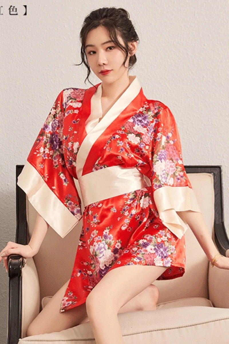 Alt text:Model wearing red floral satin kimono sleeve lingerie with ivory trim