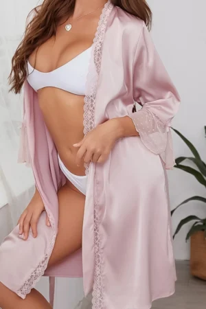 Front view of custom Sexy Nightgown in blush pink satin with lace trim