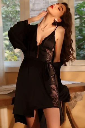 Black Sexy Nightgown with lace sides and deep neckline, worn with robe
