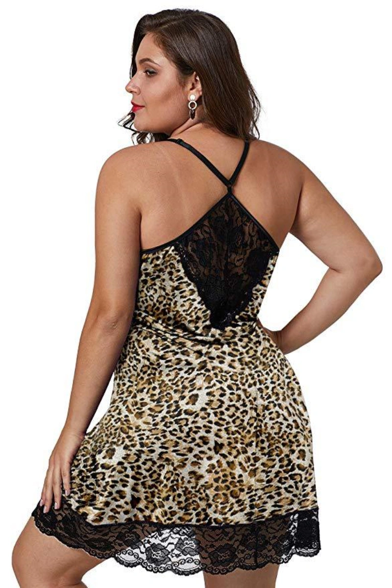 Alt Text: Leopard print babydoll with lace back panel and adjustable straps