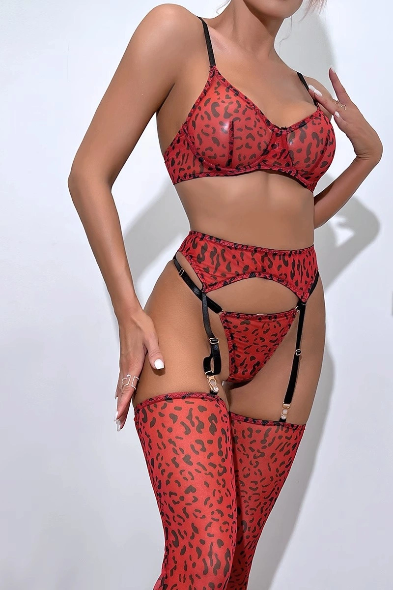 Alt Text:Leopard print thong set with adjustable bra straps and bold leopard pattern