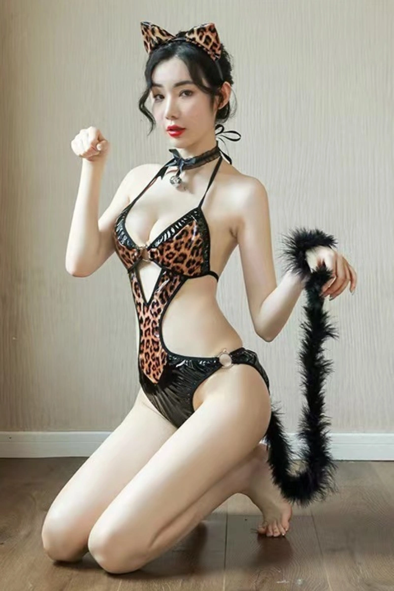Sexy leopard print wholesale cat lingerie outfit with PU leather details and furry tail.