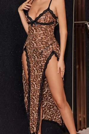 Alt Text： Leopard lingerie with lace trim showing backless design in sheer fabric