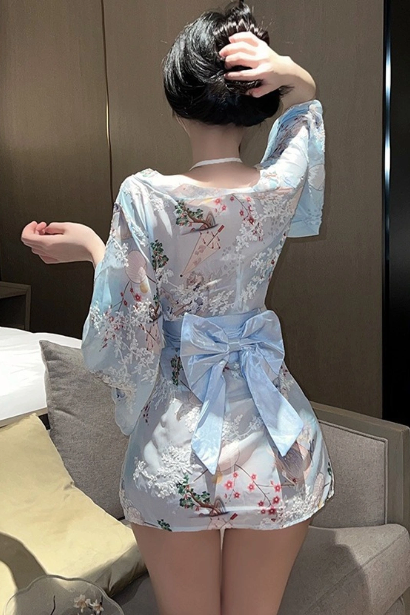 Alt Text: Back view of a light blue japanese style sexy robe with floral embroidery and satin ribbon