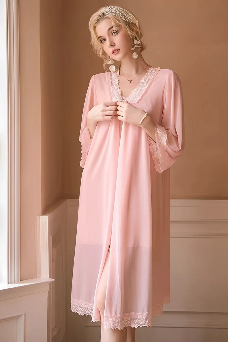 Alt text: Pink long sexy nightgown with lace neckline and sheer robe overlay