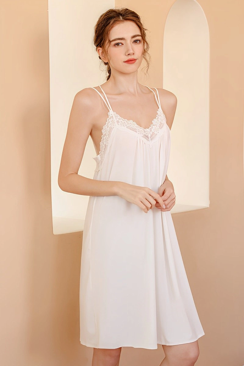 Alt text: White long sexy nightgown with lace-trimmed bodice and spaghetti straps