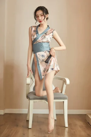 Sexy pink floral wholesale cheongsam lingerie costume styled with a deep blue waist belt and sleeveless cut.