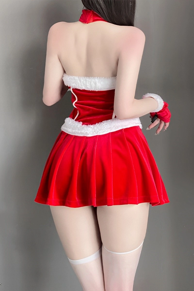 Alt Text:naughty christmas costume in red velvet with backless design
