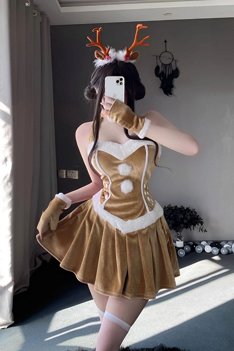 Alt Text:naughty christmas costume in brown velvet reindeer style