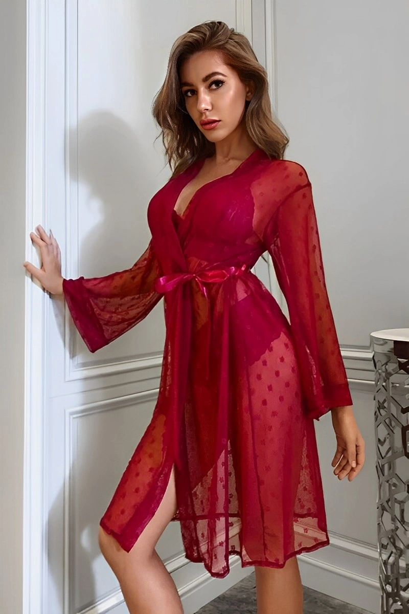 OEM Sexy Nightgown in deep red mesh with heart-shaped texture