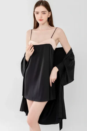OEM silk sexy nightgown in black color with beige bust design