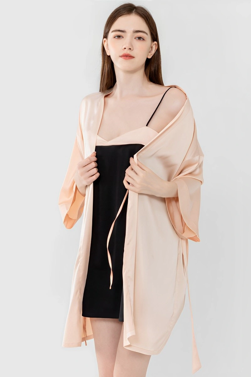 OEM silk sexy nightgown with beige robe and black slip dress