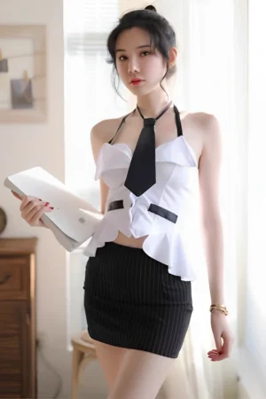 Erotic secretary costume featuring a structured white halter top with tie and slim pinstripe skirt.