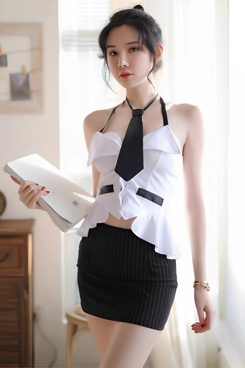 Erotic secretary costume featuring a structured white halter top with tie and slim pinstripe skirt.