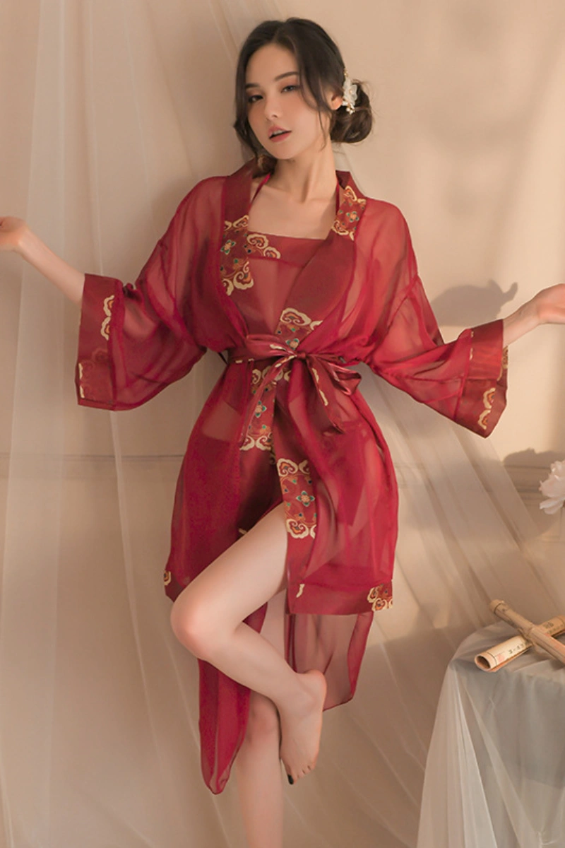 Alt Text： Oriental fantasy lingerie robe in sheer red silk with golden embroidered trim